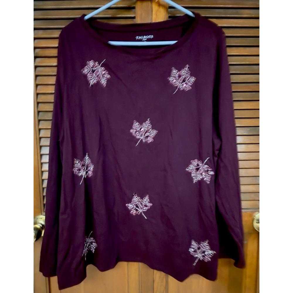 Talbots Plus 2X Top Burgundy Embroidered Leaves Long Sleeve Fall Autumn Cotton